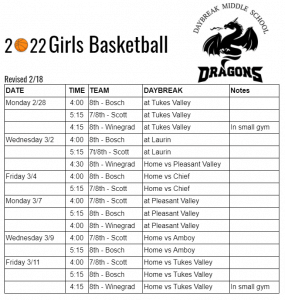 DBM Girls Basketball schedule